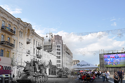 1943 г. – 2012 г. Киев. Танки, освободившие город, проходят по Крещатику